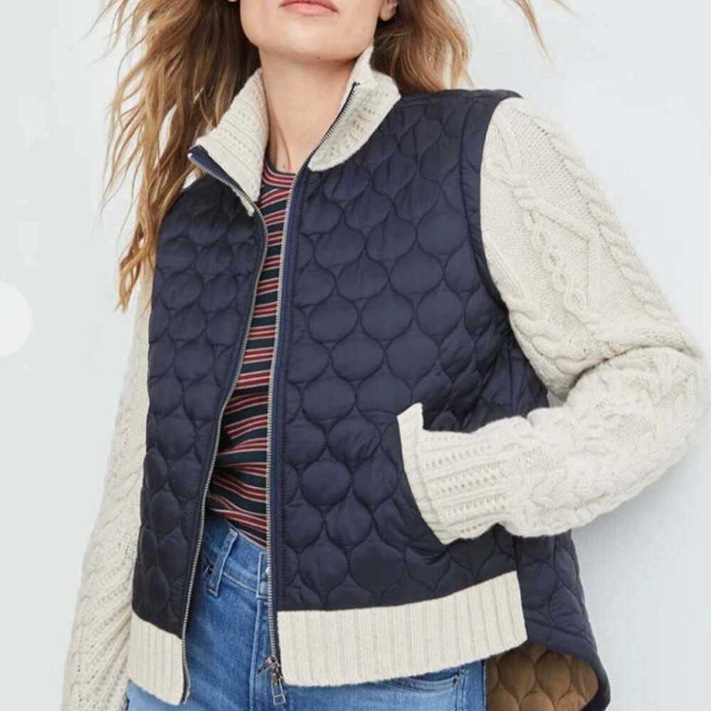 Veronica Beard Patra Knit Sleeve Quilted Sweater Jacket, Navy, size XS